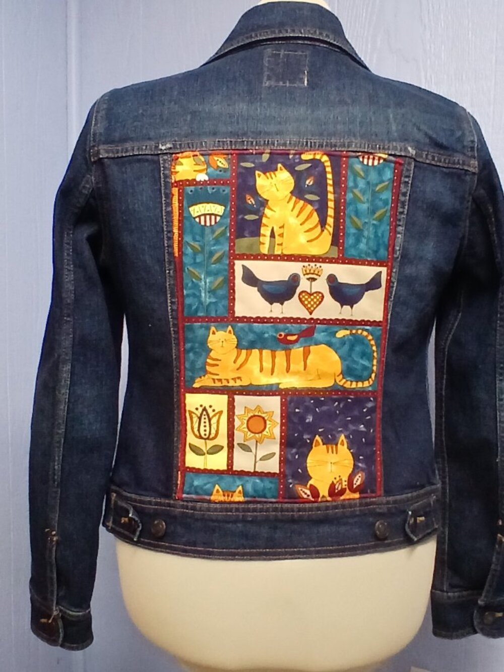Upcycled Denim Jeans Jacket with Folk Art Cats